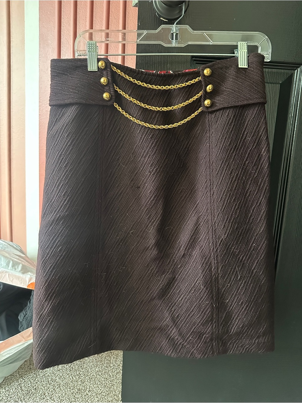 Milly Dark Purple Burgundy Textured Pencil Skirt with Gold Chain Accents